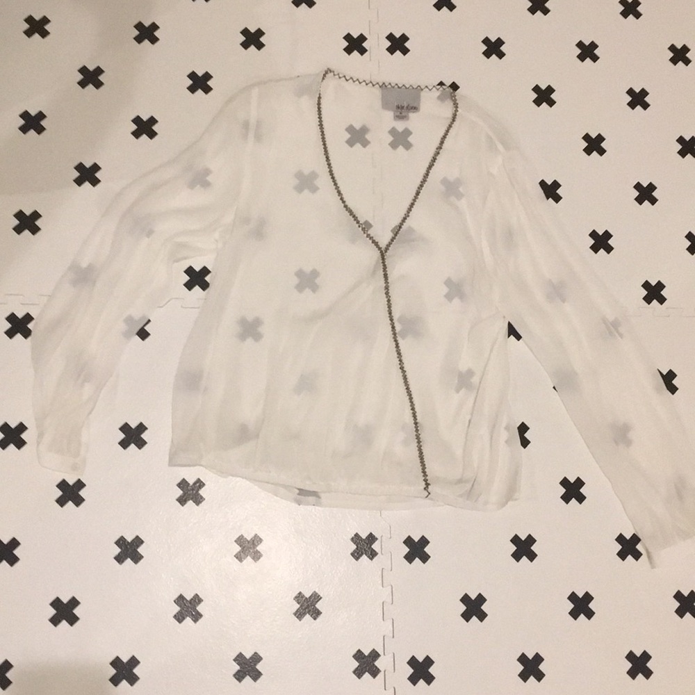 Sheer white 100% silk beaded crossover top LS NWOT